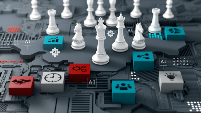 Chess on circuit board, strategy business for technology products industry, 3d rendering