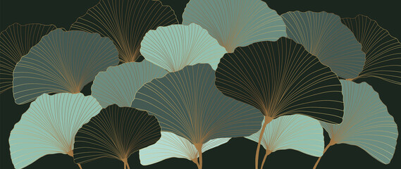 Luxury gold Ginkgo line art background vector. Abstract art design wallpaper.