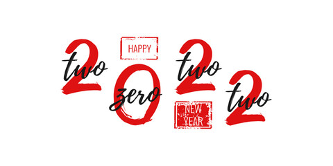 2022 Happy New Year greeting card. Chinese ink brush red numeral calligraphy. Grunge number hand drawn font and black lettering on white background. Vector illustration