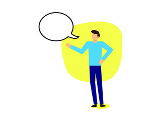 Happy young man talking and explaining something with speech bubble.