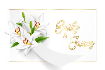 Greeting card, wedding invitation with white lily flower with white ribbon and golden text. Vector illustration
