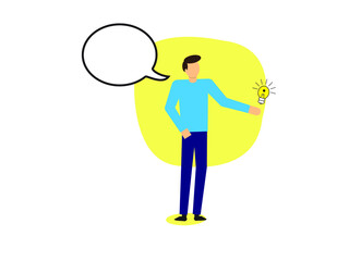 Happy young man pointing upwards to light bulb, concept for idea with speech bubble.