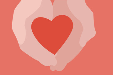 Red heart in hands. Minimalism, a simple  illustration. The concept of declaration of love, saving life. Mother's Day, Valentine's Day