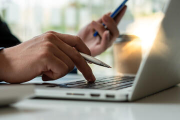 Fototapeta premium accountant or banker calculating or checking balance. Bookkeeper or financial inspector making financial report. Home finances, investment, economy, saving money or insurance concept