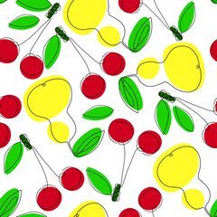 Modern seamless pear and cherry pattern in line art style, one continuous line. Trending fruit vector illustration. Design of textiles, fabrics, paper, wrapping paper, covers