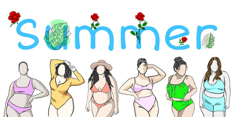 Body positive concept.Woman plus size.Confident obese women wearing a variety of swimwear,swimsuit or bikini in summer.Creative with illustration in flat design.