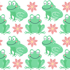 Childish seamless pattern with frogs and lilies.