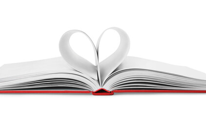 Open book with pages folded in heart on white background, closeup