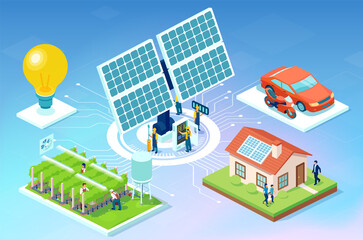 Fototapeta premium Vector of a farm, house and car powered by a solar energy