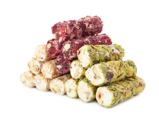 Tasty turkish delight dessert on white background