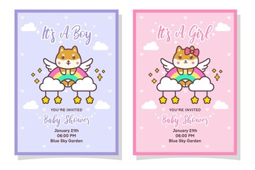 Cute Baby Shower Boy And Girl Invitation Card With Shiba Inu Dog, Cloud, Rainbow, And Stars
