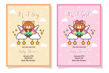 Cute Baby Shower Boy And Girl Invitation Card With Red Panda, Cloud, Rainbow, And Stars