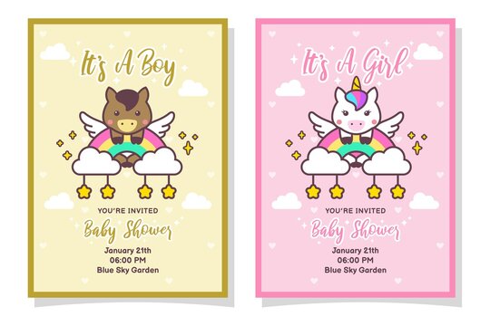 Cute Baby Shower Boy And Girl Invitation Card With Horse, Unicorn, Cloud, Rainbow, And Stars