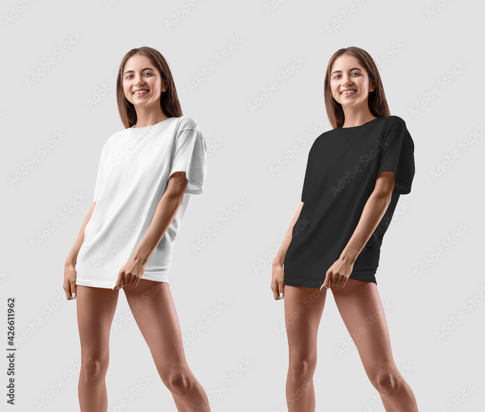 Wall mural Mockup of a white, black T-shirt on a half-naked girl. Set of clothes