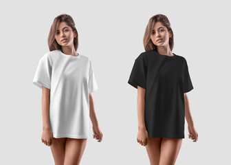 Mockup of a white, black T-shirt on a half-naked girl. Set of clothes