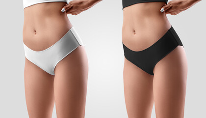 Mockup of white, black underwear, top and panties on a sexy girl. Set