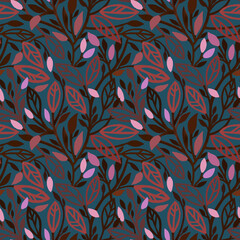 Seamless pattern with red and brown floral elements on a dark gray-blue background
