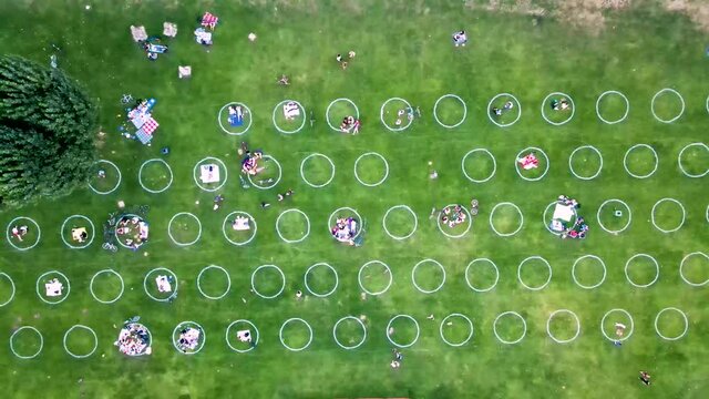 Socialising in a public park, separation with circles, Heidelberg Neckarwiese, social distancing, covid 19