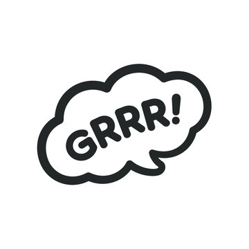Grrr! text in a speech bubble balloon clipart. Cartoon comics angry dog animal bark sound effect and lettering. Simple black and white outline flat vector illustration design on white background.