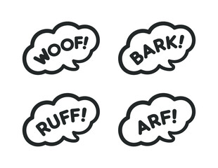 Dog bark animal sound effect text in a speech bubble balloon clipart set. Cartoon comics and lettering. Simple black and white outline flat vector illustration design on white background. 