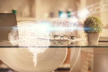 Double exposure of brain drawing and office interior background. Concept of data technology.