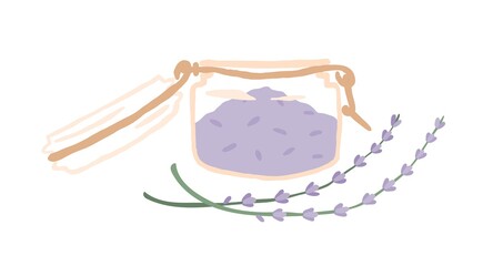 Transparent glass jar full of aromatic bath salt with lavender flavor. Organic crystal powder for spa and beauty treatment. Colored flat vector illustration isolated on white background