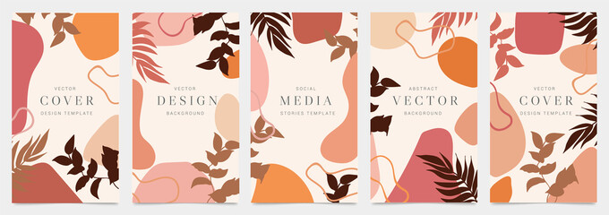 Fototapeta na wymiar Cover templates vector set. Social media background design with floral and hand drawn organic shapes textures. Abstract minimal trendy style wallpaper. Vector illustration.