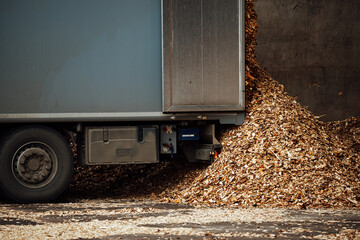 the truck unloads tons of wood waste. sawdust and shavings are stored for further processing....