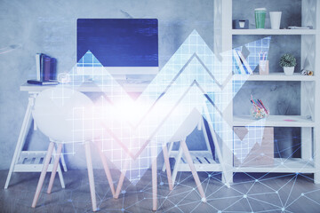 Double exposure of grow arrows and office interior background. Concept of Growth.