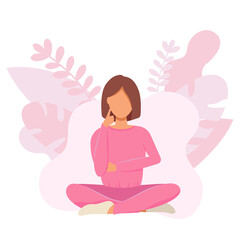 Portrait of thoughtful person. Woman sitting and thinking.Thoughtful woman in pajamas. Meditation and thinking about life. Flat vector illustration. 