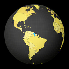 Guyana on dark globe with yellow world map. Country highlighted with blue color. Satellite world projection centered to Guyana. Amazing vector illustration.