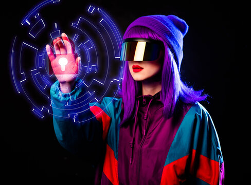 Stylish girl in cyber punk glasses and 80s tracksuit with 3D secure