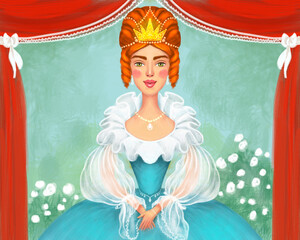 illustration of a beautiful cute princess queen in a diadem. Red-haired girl in a naked dress against the backdrop of a park and curtains. fairytale character