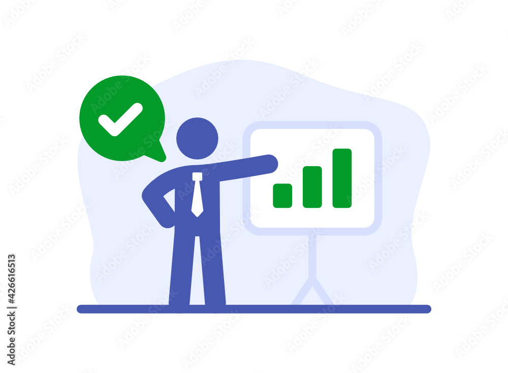 Aufkleber successful business presentation on white board with increasing graph and correct strategy