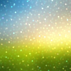 Magical summer day in nature abstract illustration. Shimmer bokeh fly on defocus green field and blue sky. Glittering empty background.