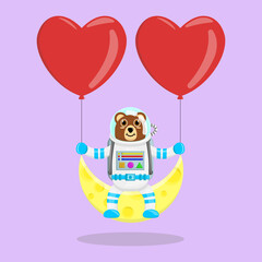 Illustration vector graphic cartoon of cute bear astronaut sitting on the moon with loves. Childish cartoon design suitable for product design of children's books, t-shirt, greeting cards etc