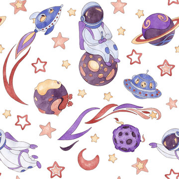 Seamless pattern from a set of watercolor illustrations of astronauts, planets, rocket, flying saucer, kamet, stars and moon in blue, purple, red, cream colors isolated on white background. Size 20 by