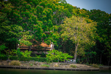 Fototapeta premium The natural background of the morning light rising in the middle of the sea and surrounded by mountains, cool breezes, the beauty of the ecology of the tourist attractions.