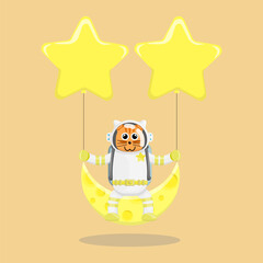 Illustration vector graphic cartoon of cute cat astronaut sitting on the moon with stars. Childish cartoon design suitable for product design of children's books, t-shirt, greeting cards etc