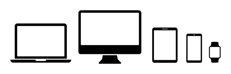 Devices icons set of smart phone, tablet, laptop and smart watch. Collection modern digital device in flat style. Responsive web design vector illustration.