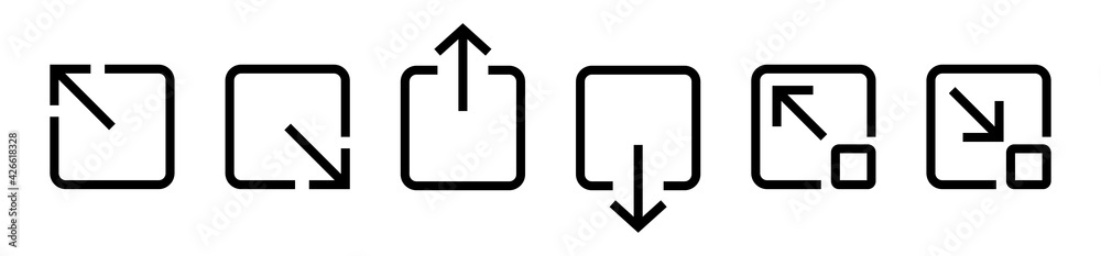 Poster expand and collapse icons set. zoom interface outline symbols. video expand reduce button with arrow