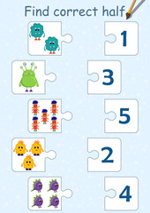 Mini puzzle game collection for kids. How many monster on picture? Counting for preschool. Funny monster. Page for coloring book, leisure activity task for children.