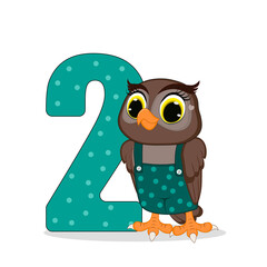 Cute cartoon  baby owl and number two. Vector illustration for baby shower, greeting card, party invitation, fashion clothes t-shirt print. Happy Birthday concept
