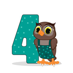 Cute cartoon  baby owl and number four. Vector illustration for baby shower, greeting card, party invitation, fashion clothes t-shirt print. Happy Birthday concept