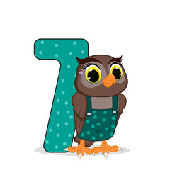 Cute cartoon  baby owl and number seven. Vector illustration for baby shower, greeting card, party invitation, fashion clothes t-shirt print. Happy Birthday concept