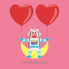 Illustration vector graphic cartoon of cute pig astronaut sitting on the moon with loves. Childish cartoon design suitable for product design of children's books, t-shirt, greeting cards etc