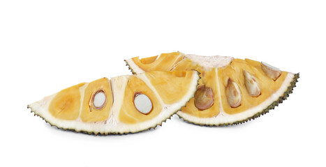 Slices of delicious cut fresh exotic jackfruit on white background