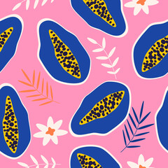 vector seamless pattern with hand drawn papaya fruits and palm leaves. bright pattern in a flat style for printing onto fabric, wrapping paper. summer background