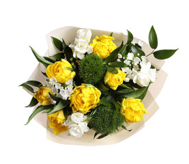 Beautiful bouquet with peony tulips isolated on white