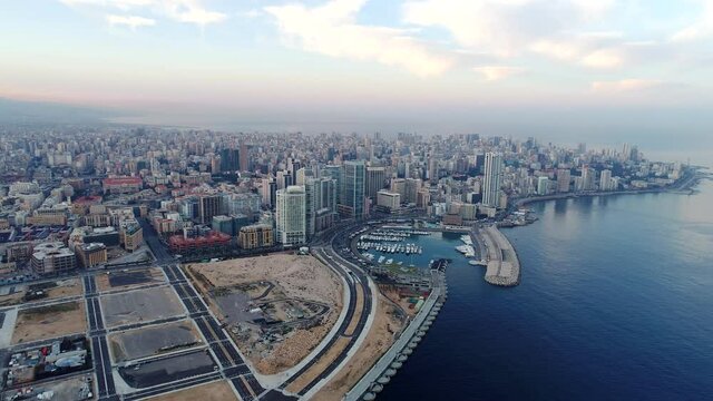 4K forward Aerial drone shot of Beirut skyline at sunrise, Aerial footage of Beirut city
